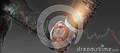 Double exposure-Successful collaboration concept of CEO in business mergers,businessmen shake hands,making deals,agree to partner, Stock Photo