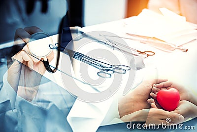 Double exposure of Surgery equipment in Operation room and Surgeon doctor. Giving life to patient. Healthy and Medical concept. Stock Photo