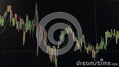 Double exposure Technical candlestick price chart showing up and down trend, volatility, panic sell, red selling stock ticker trad Stock Photo