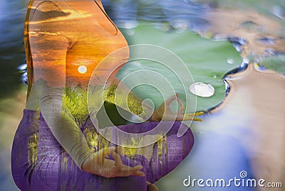 Double exposure - tranquility from yoga woman by meditation to purify mind,Lotus leaf background on the water,With concept of Stock Photo