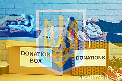 Double exposure of volunteers packing donation boxes and Ukrainian flag. Help during war Stock Photo