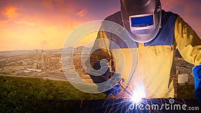 Double exposure welding worker welding steel structure Stock Photo