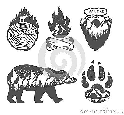 Double exposure. Wildlife concept. Hand drawn outdoor badges. Wild nature in black and white colors Vector Illustration