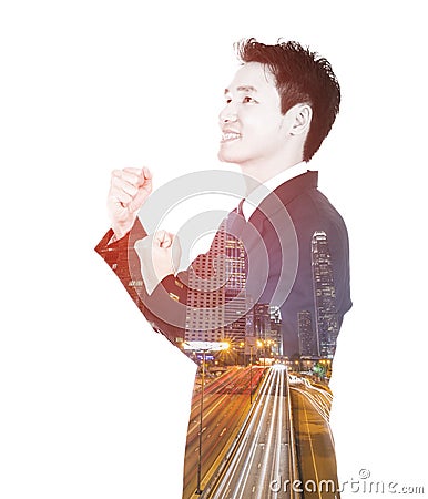 Double exposure of winning businessman against city isolated on Stock Photo