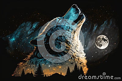 double exposure of wolf howling at the moon and starry night sky Stock Photo