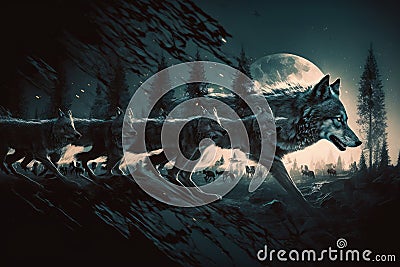 double exposure of wolf running through forest and pack of wolves hunting in the night Stock Photo