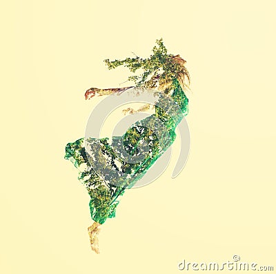 Double exposure of woman flying with leaves Stock Photo