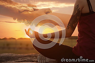 Double exposure of woman meditating and hands reaching each other outdoors at sunset. Yoga helping in daily life: harmony Stock Photo