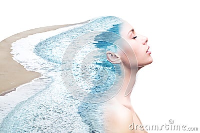 Double exposure woman and ocean Stock Photo