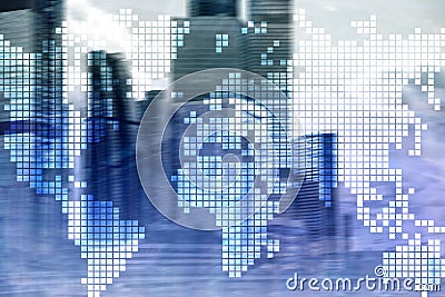 Double exposure world map on skyscraper background. Communication and global business concept Stock Photo