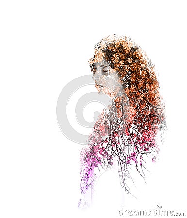 Double exposure of young beautiful girl isolated on white background. Portrait of a woman, mysterious look, sad eyes, creative Cartoon Illustration