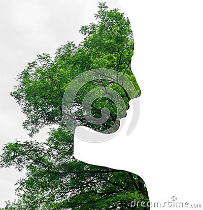 Double exposure of young beautiful girl among the leaves and trees. Silhouette on white. Stock Photo