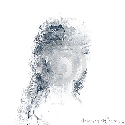 Double exposure of a young beautiful girl. Painted portrait of a female face. Multi-colored picture isolated on white background. Cartoon Illustration