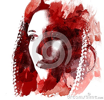 Double exposure of a young beautiful girl. Painted portrait of a female face. Multicolored picture isolated on white background. F Cartoon Illustration