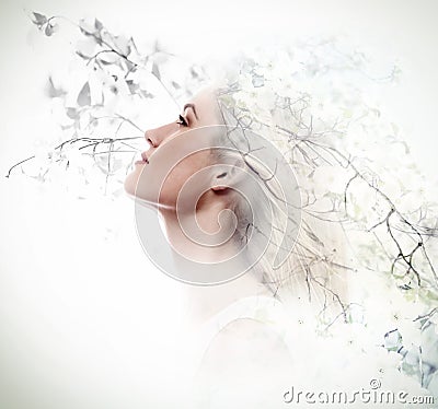 Double exposure of young woman and dogwood flowers Stock Photo