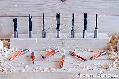 Double flute dowel drill. Precision tools for woodworking industry. Stock Photo