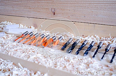 Double flute dowel drill. Precision tools for woodworking industry. Stock Photo