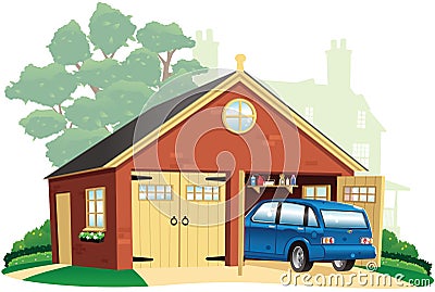 Double garage and automobile Vector Illustration