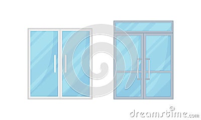 Double Glass Doors as Hinged Movable Barrier Used as Entrance in the Building Vector Set Vector Illustration