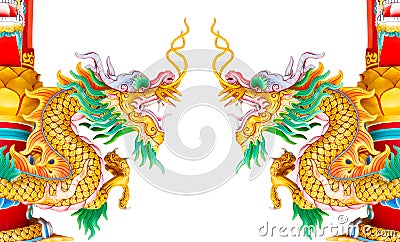 Double golden dragon statue isolated on white background Stock Photo