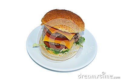 Overhead view of double hamburger with cheddar cheese served on plate Stock Photo