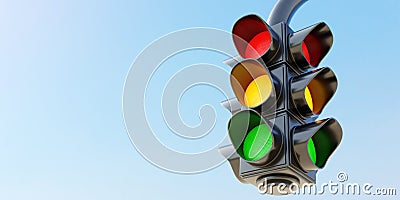 Double hanging traffic light with all three color on empty blue sky background. Space. 3d render Stock Photo