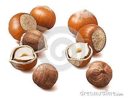 Double hazelnut set isolated on white background. Vertical layout Stock Photo