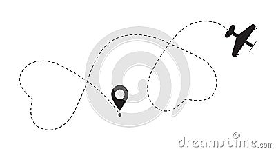 Double love airplane route. Romantic travel simbol, heart dashed line trace for event. Vector Illustration