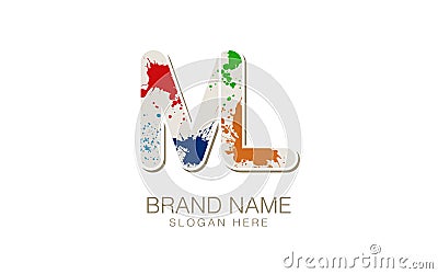 Double `ML` logo. The design consists of only one continuous line that ties itself into an `ML` shape. Colored paint splash, elega Vector Illustration