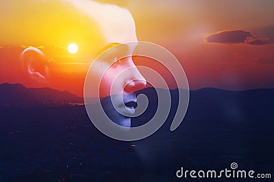 Psychology power of mind, human spirit, mental health, zen concept. Double exposure abstract portrait woman face silhouette sunset Stock Photo