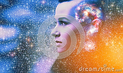 Double multiply exposure abstract portrait of young woman face with galaxy universe space inside head. Human mind spirit, ai brain Stock Photo