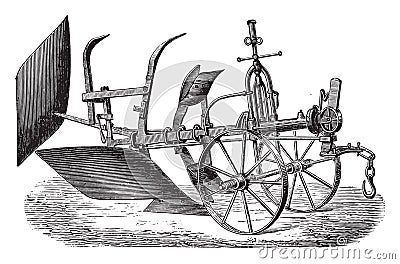 Double plough subsoiler of Bajac-Delahaye, vintage engraving Vector Illustration