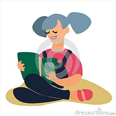 Double-ponytail girl reading a book vector illustration. Isolated design element Vector Illustration