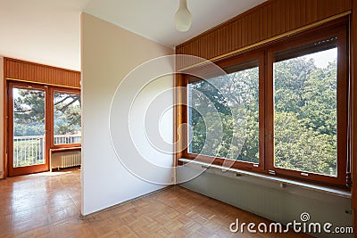 Double room interior with wooden floor in country house Stock Photo