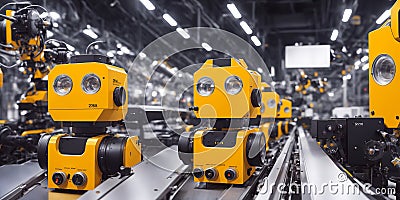 Double row of yellow industrial robots at conveyor line at a factory doing heavy industry manufacturing. AI generative Stock Photo