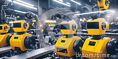 Double row of yellow industrial robots at conveyor line at a factory doing heavy industry manufacturing. AI generative Stock Photo