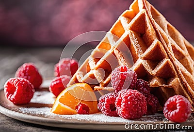 A double scoop of orange and raspberry sherbet in a waffle cone. Stock Photo