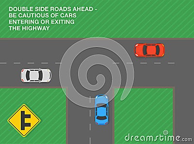 Double side roads ahead, be cautious of cars entering or exiting highway. Top view of a junction road on right side. Vector Illustration