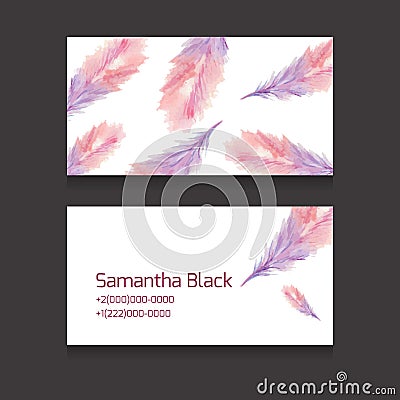 Double-sided business card with watercolor feathers Vector Illustration