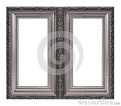 Double silver frame diptych for paintings, mirrors or photos isolated on a white background Stock Photo