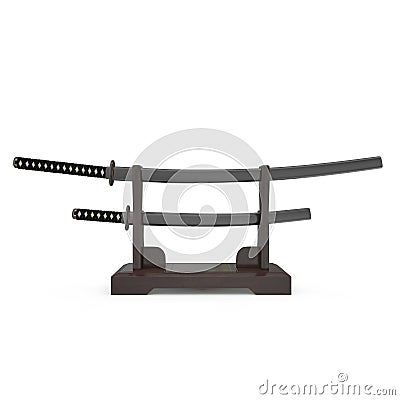 Double Sword Stand For Samurai Katana And Wakizashi. 3D Illusration, front view render on white background Stock Photo