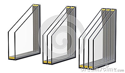 Double triple and quadruple windows insulated glazing. 3D render, isolated on white background. Stock Photo