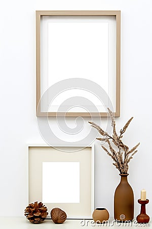 Double vertical picture frames with passe-partout mockup in modern interior, blank copyspace, light tones, wall art mock-up. Stock Photo