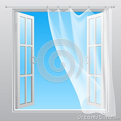 Double window with fluttering curtain Vector Illustration