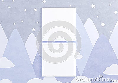 Double 10x10 Square White Frame mockup for nursery or kids room on blue wallpaper wall Stock Photo