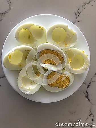 Double yolk hard boiled eggs Stock Photo