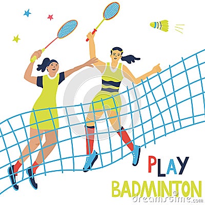 Doubles badminton game sport poster with net and women.. Vector Illustration