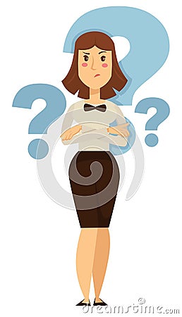 Doubt businesswoman taking decision question marks hesitation Vector Illustration