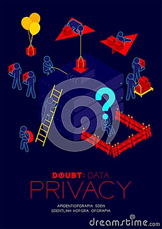 Doubt data privacy problem concept, man pictogram question mark head sitting, isometric storage hard disk and barrier among hacker Vector Illustration