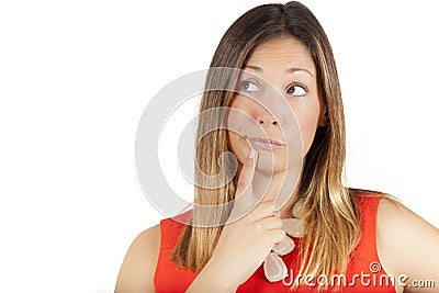 Doubt thinking female decision expression. Woman with finger on lips Stock Photo